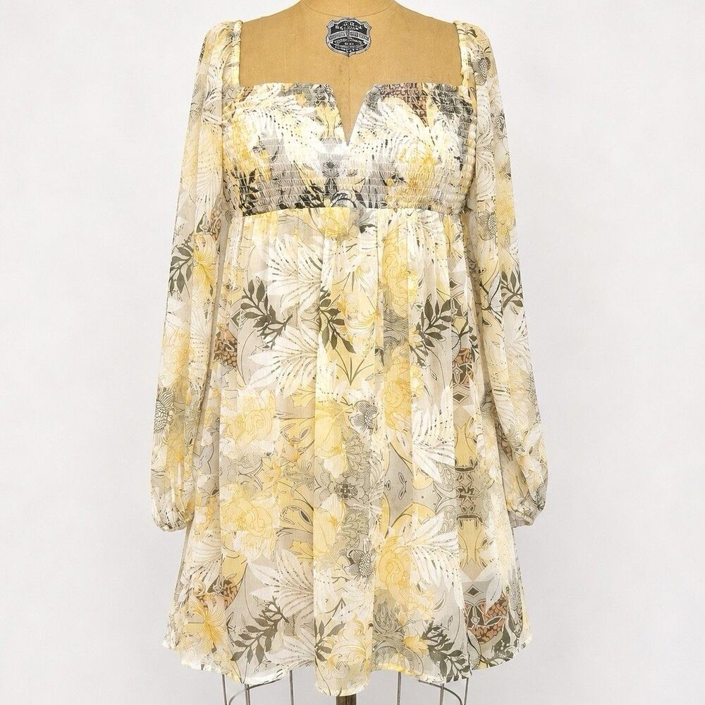 Amuse Society Butter Yellow Floral Smocked Babydoll Mini Dress Fairycore‎ S
